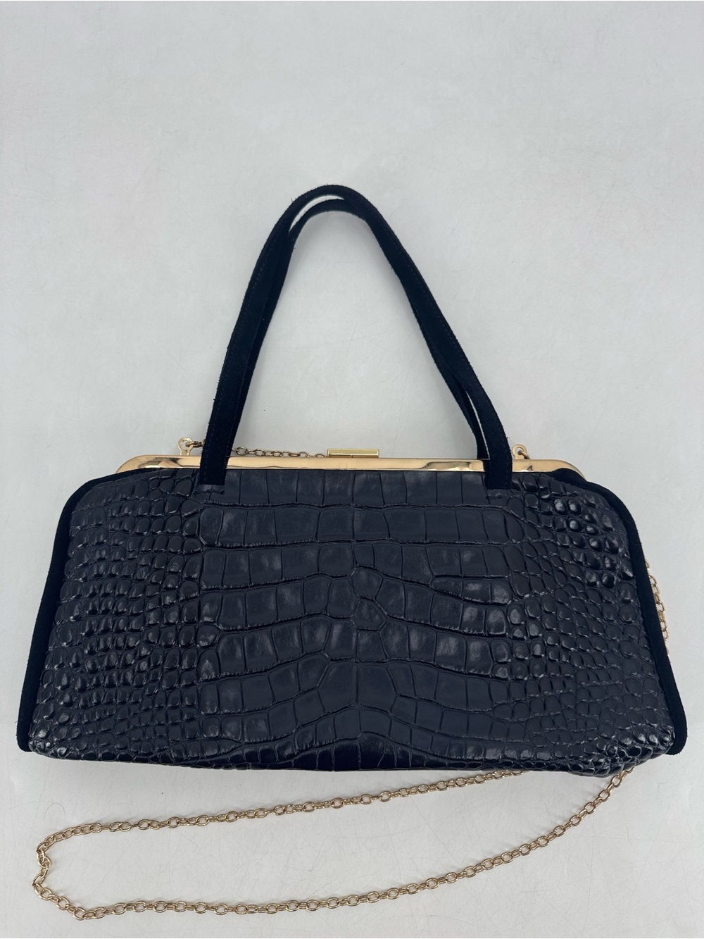 Clare V. Parisian Chic Old Money Croc Embossed Suede Navy Satchel Crossbody Bag